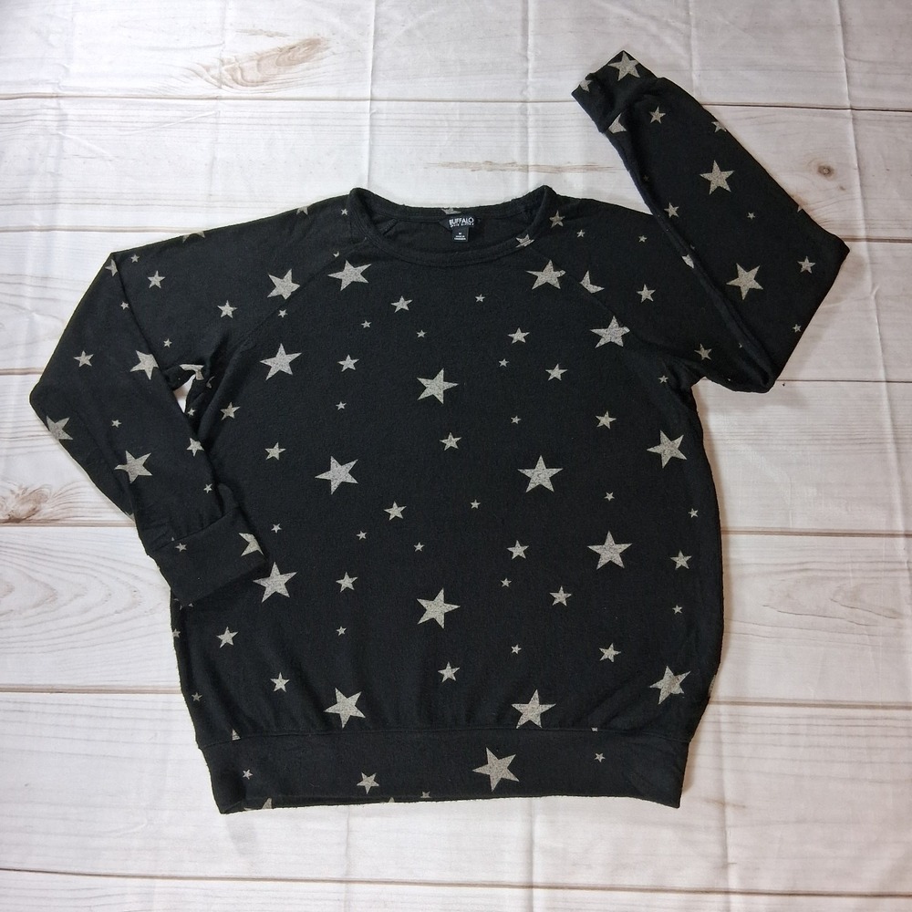 Buffalo David Bitton Womens Black Star Print Pullover Sweater M Crew Neck L/S